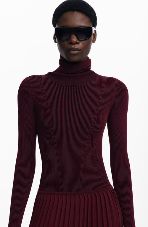 Desigual Long Sleeve Pleat Turtleneck Maxi Dress In Burgundy