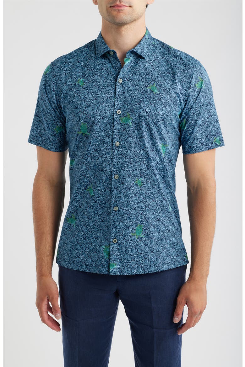 Chelonian Short Sleeve Cotton Button Up Shirt, Main, color, NAVY
