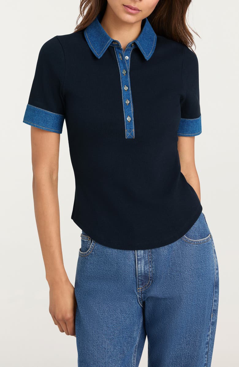Cinq à Sept Denim Trim Rib Top, Main, color, Navy/ Medium Wash