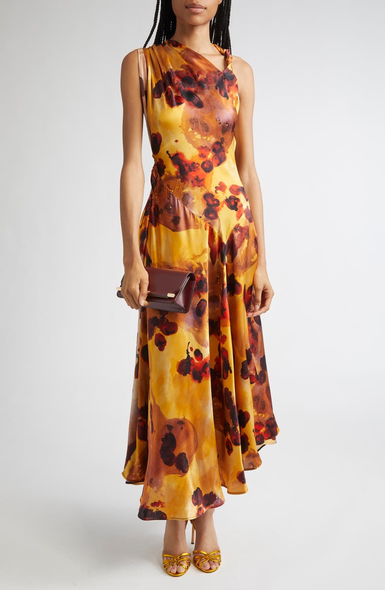 Victoria Beckham Abstract Floral Asymmetric Silk Midi Dress, Main, color, Amber
