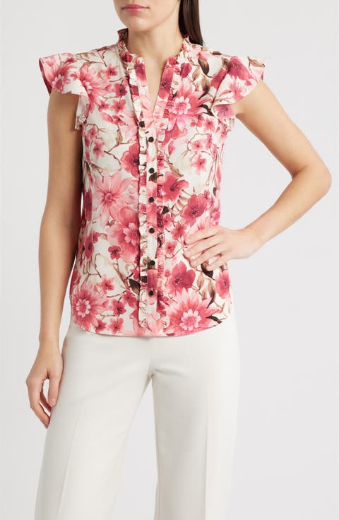 AK ANNE KLEIN Ruffle Accent Short Sleeve Button-Up Shirt (Regular & Petite)