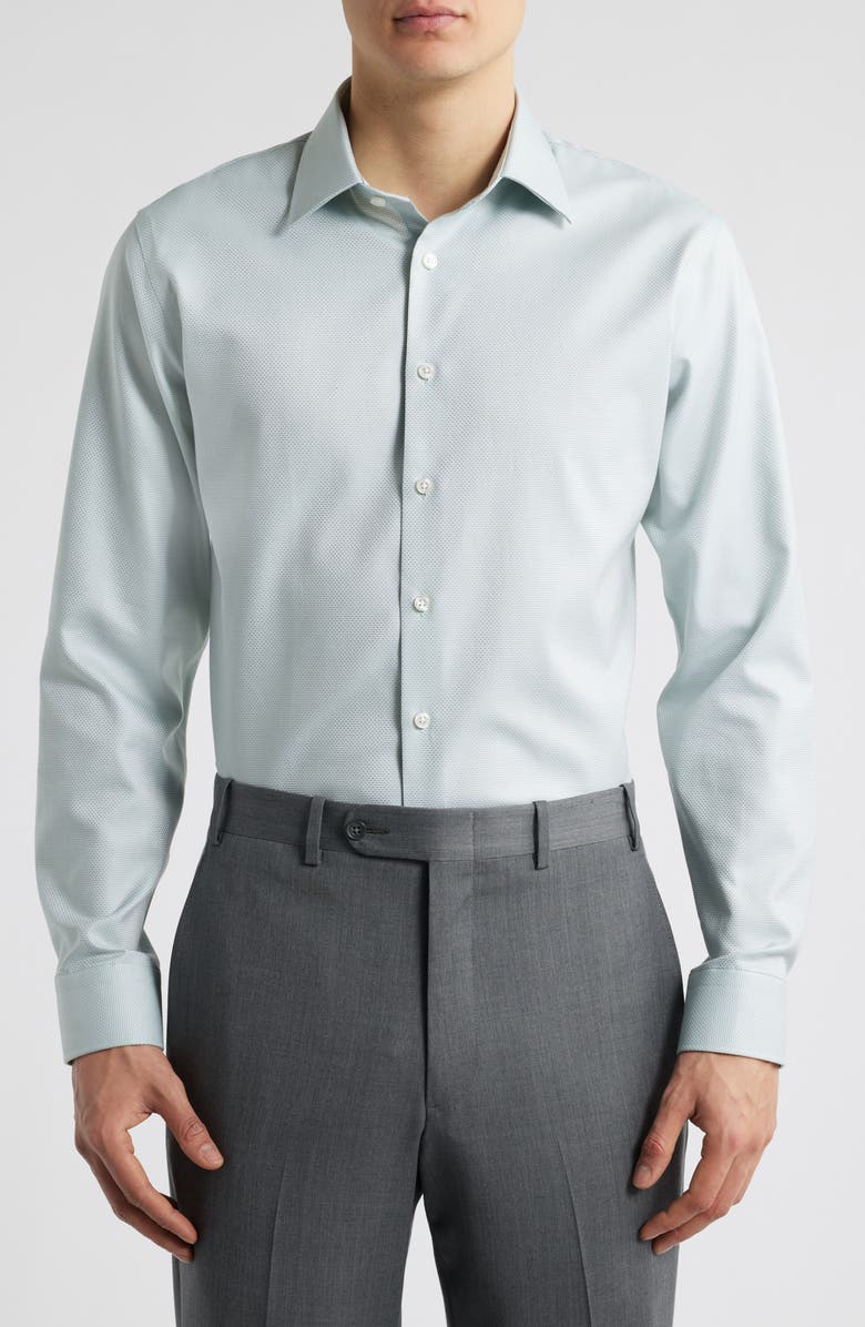 Nordstrom Premium Non-Iron Trim Fit Dress Shirt, Main, color, White- Green Triangle Pat