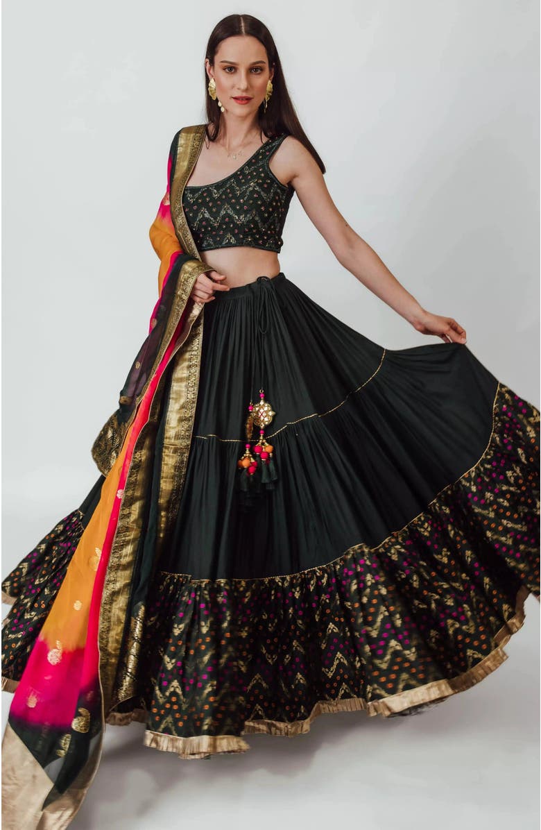 RAAS Mariana Tiered Lehenga with One Shoulder Blouse, Alternate, color, Green