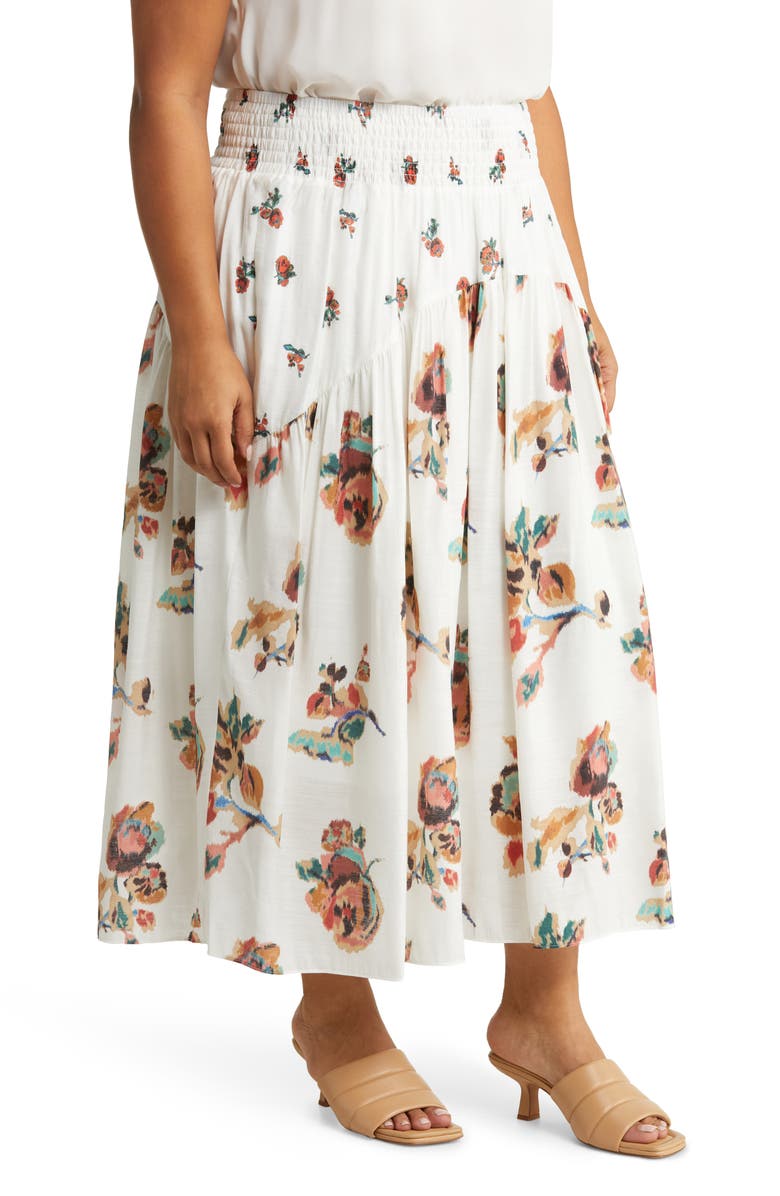 Vince Ikat Smocked Floral Print Skirt, Alternate, color, Optic White