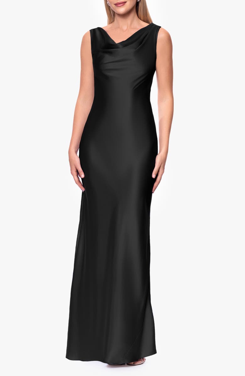 Betsy & Adam Open Back Satin Charmeuse Gown, Main, color, Black
