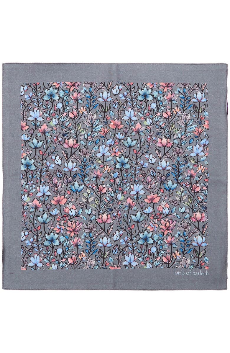 Lords of Harlech Hudson Merino Wool Handkerchief Pocket Square, Main, color, Mystic Floral Grey