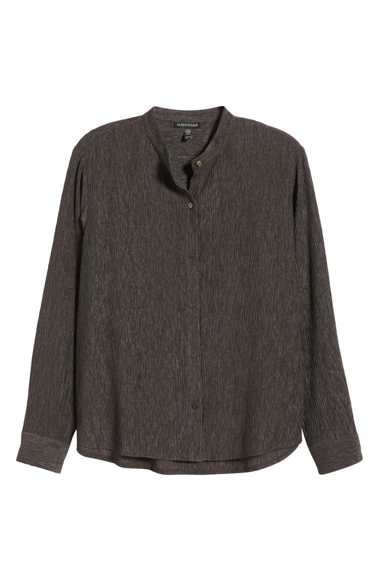 Eileen Fisher Crinkled Mandarin Collar Button-Up Shirt, Alternate, color, Rye