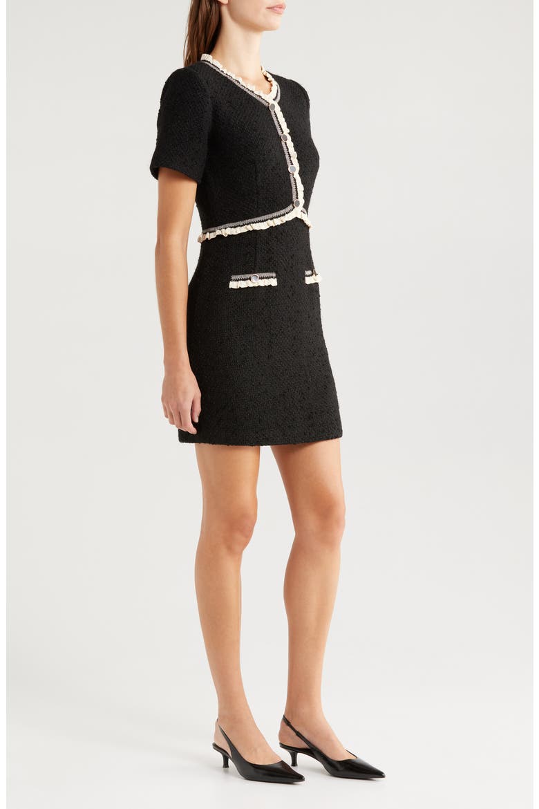 Lace Trim Tweed Minidress, Alternate, color, BLACK
