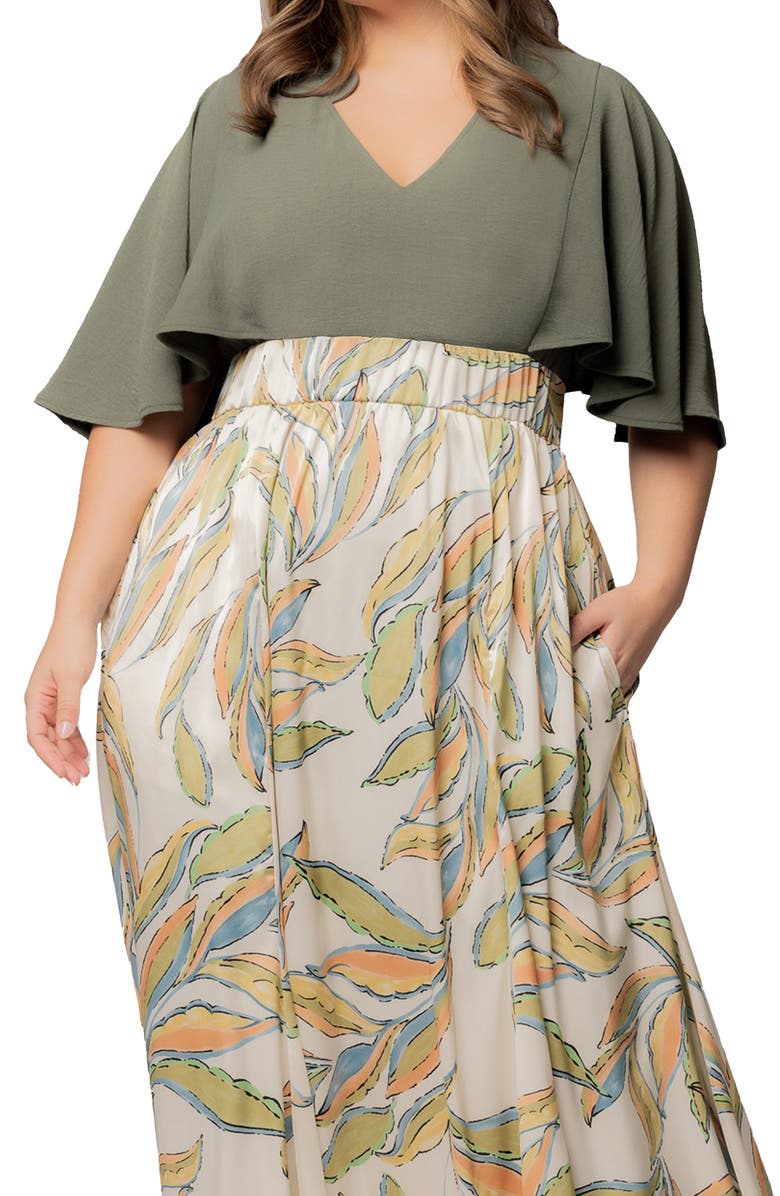 Kiyonna Avisa Flutter Sleeve Maxi Dress, Alternate, color, Artful Leaves