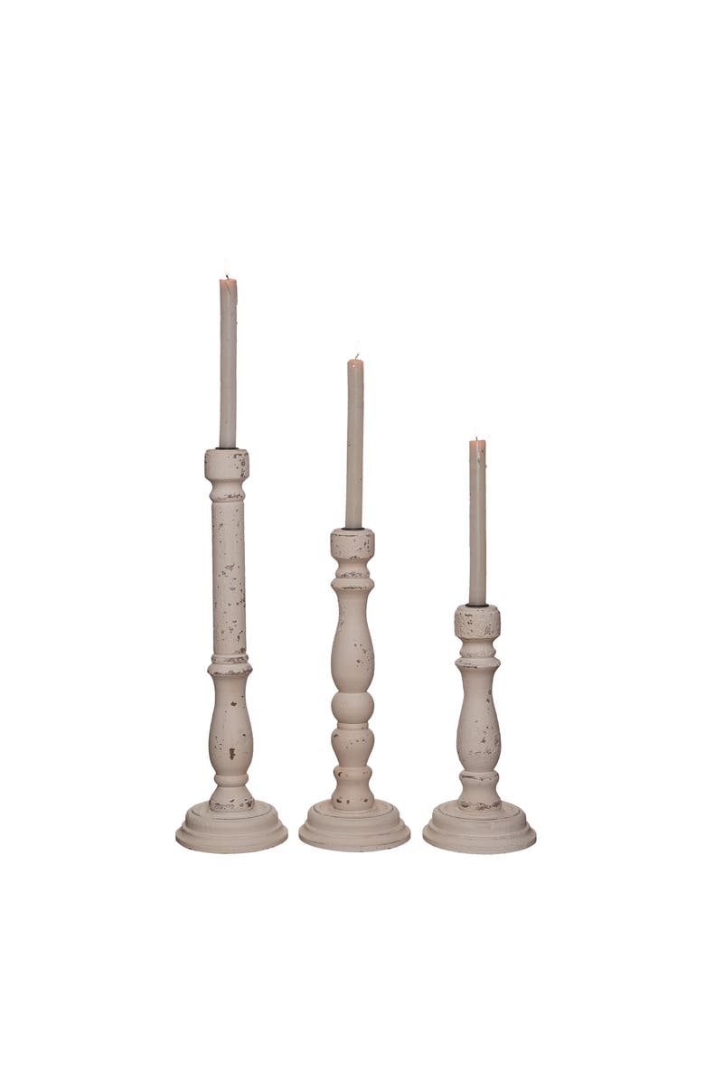 Transpac White Harvest Vintage Style Candle Sticks Set of 3 Wooden Holders, Main, color, White