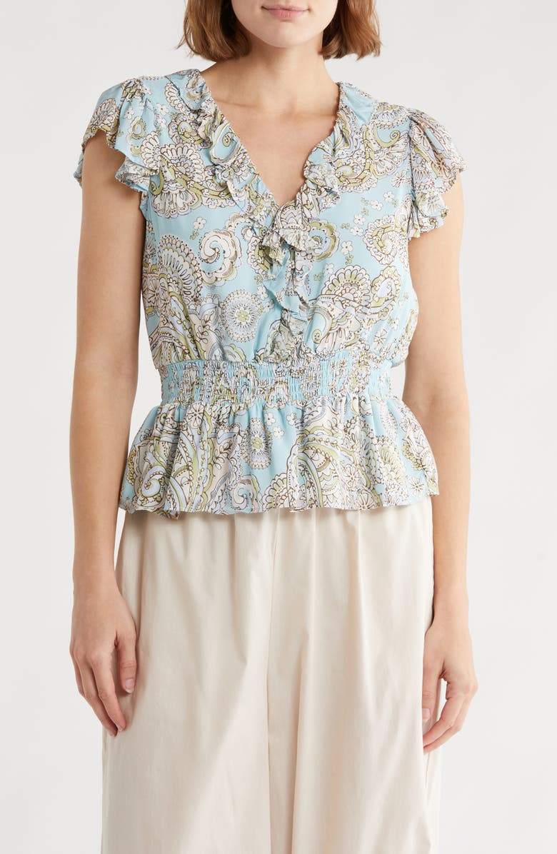 Parker The Margot Flutter Sleeve Peplum Top, Main, color, Robins Egg