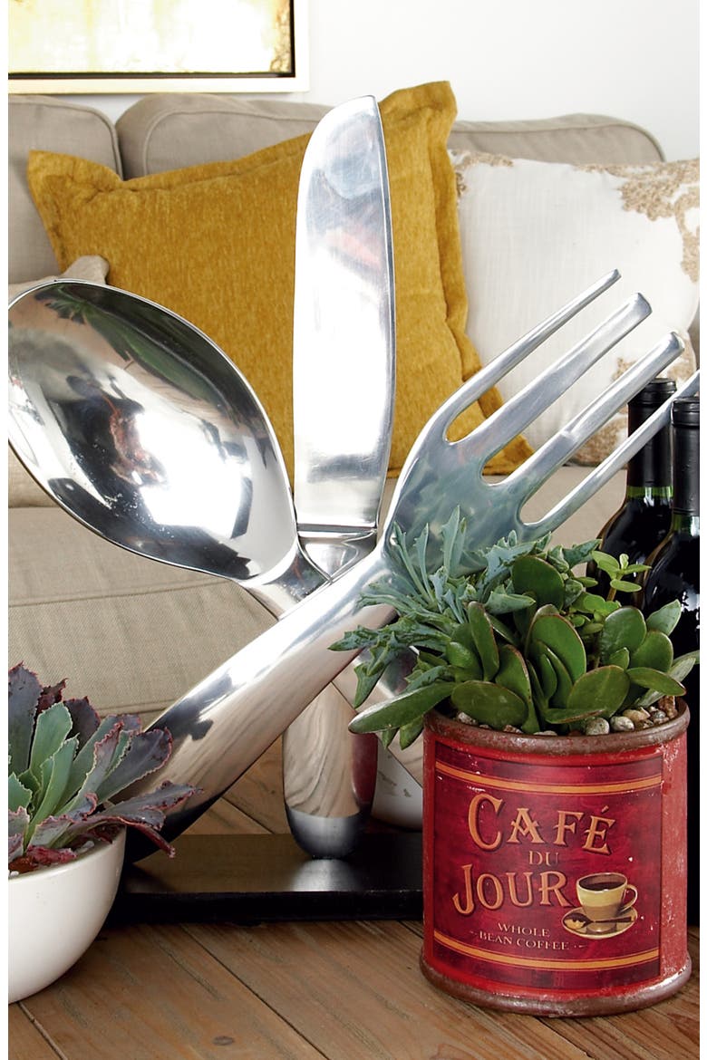 Silvertone Aluminum Utensils Sculpture with Black Base, Alternate, color, SILVER
