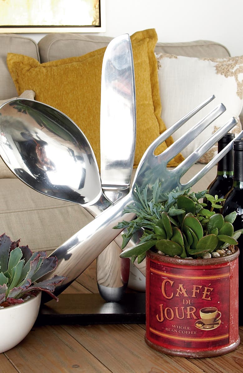 WILLOW ROW Silvertone Aluminum Utensils Sculpture with Black Base, Alternate, color, 