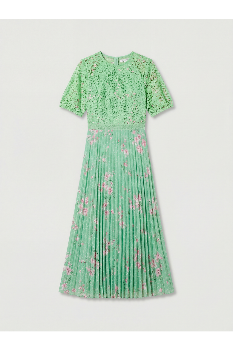 Floral Lace Bodice Pleated Midi Dress, Alternate, color, Sage
