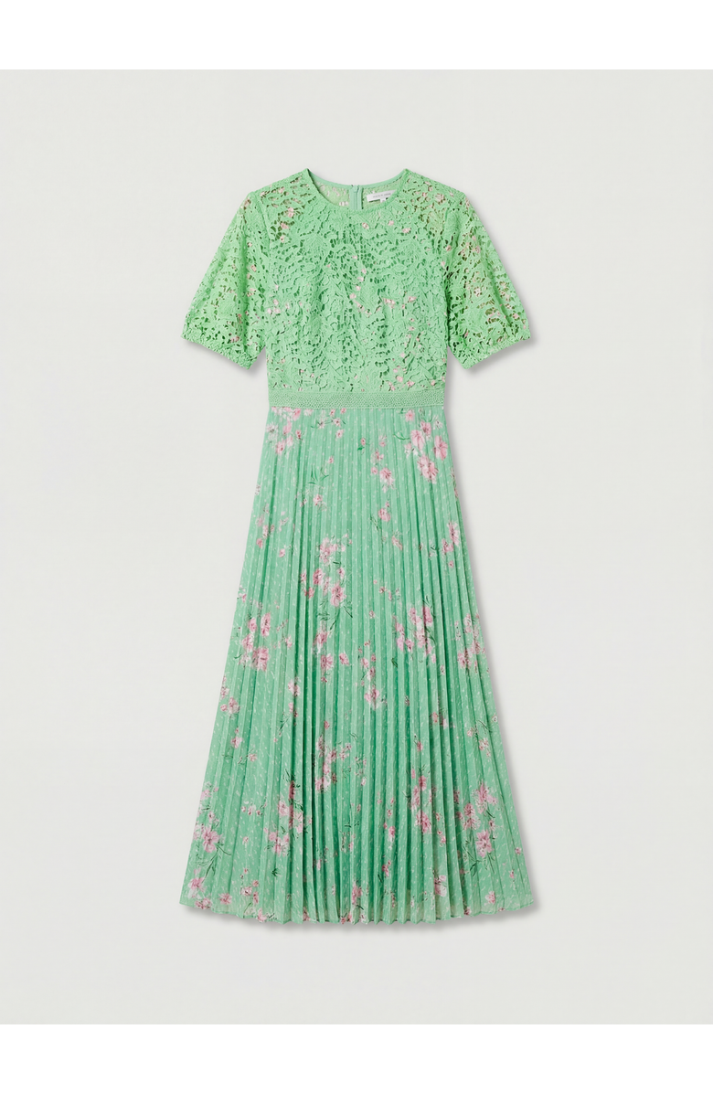 Oasis Floral Lace Bodice Pleated Midi Dress, Alternate, color, Sage