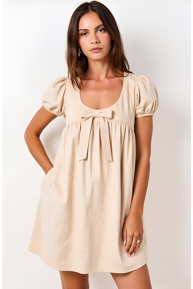 Puff Sleeve Mini Dress with Bow Detail, Main, color, Beige