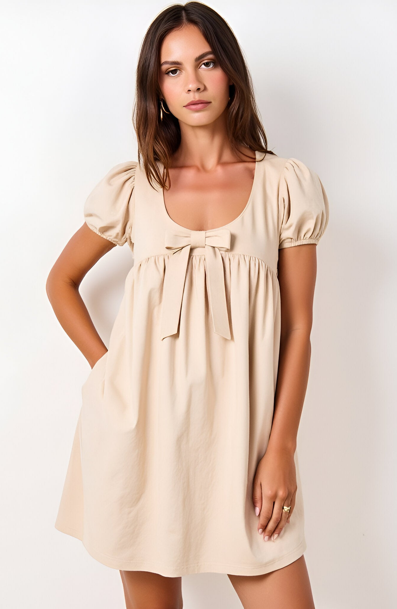 Modenaire Puff Sleeve Mini Dress with Bow Detail, Main, color, Beige