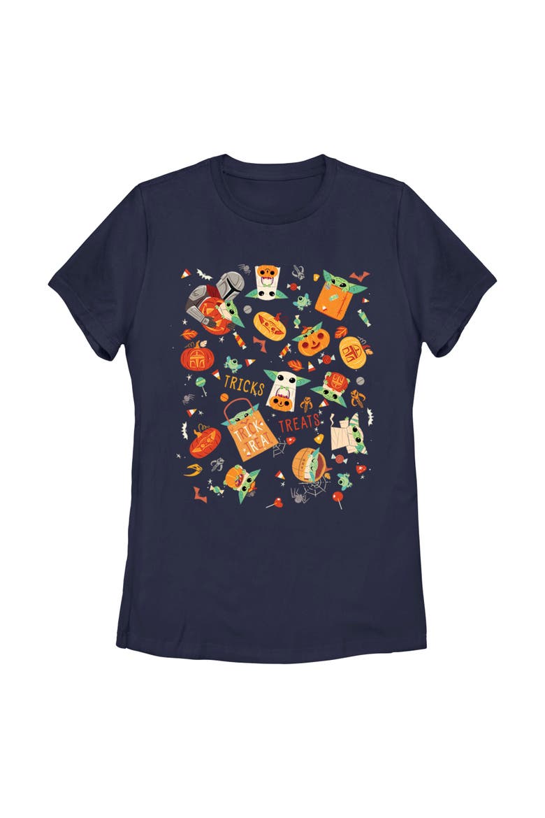 Women's Star Wars The Mandalorian Halloween Candy Collage  Graphic T-Shirt, Main, color, Navy Blue
