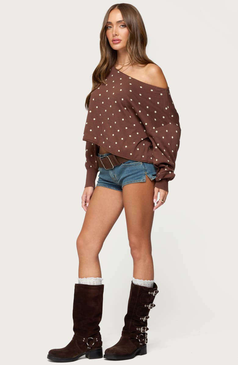 EDIKTED Oversize Off the Shoulder Polka Dot Sweater, Alternate, color, Brown