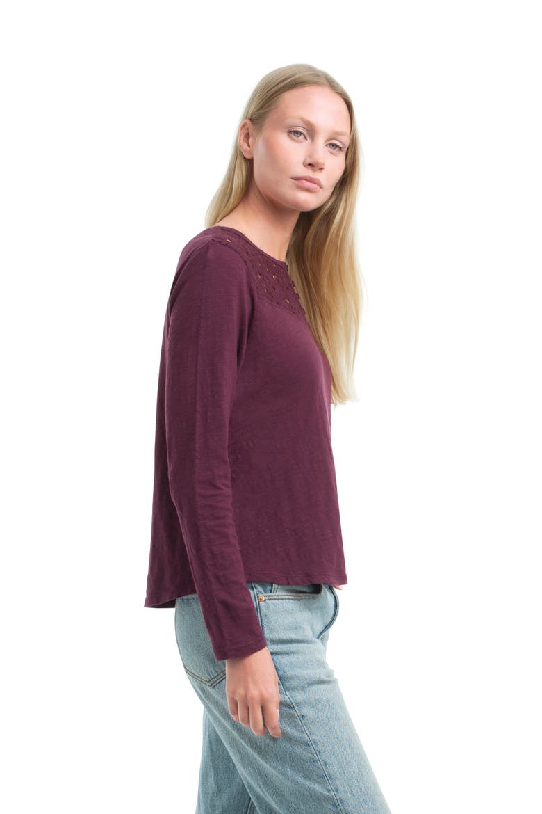 Lace Yoke Henley Tee, Alternate, color, Dark Fig