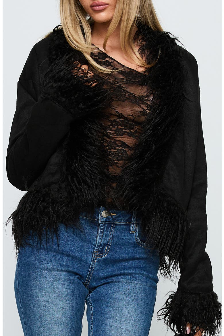 Lowden Faux Fur Trim Faux Suede Jacket, Main, color, BLACK