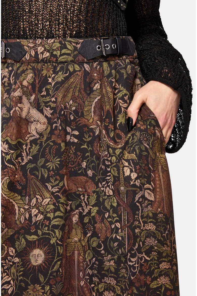 Haunt Medieval Print Buckle Midi Skirt, Alternate, color, Brown
