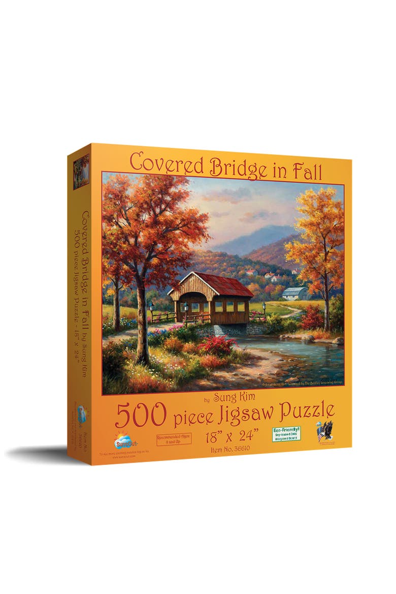 Covered Bridge in Fall 500 piece Jigsaw Puzzle for Adults, Main, color, Multicolor