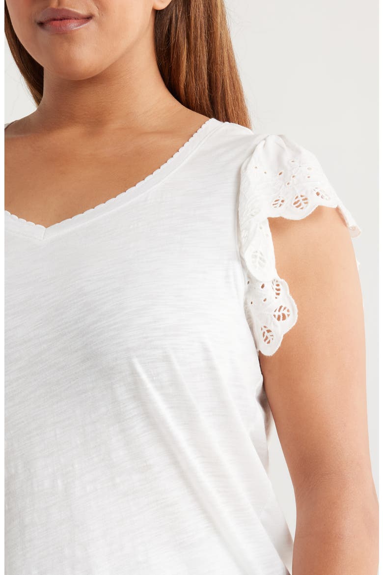 Eyelet Flutter Sleeve V-Neck T-Shirt, Alternate, color, WHITE