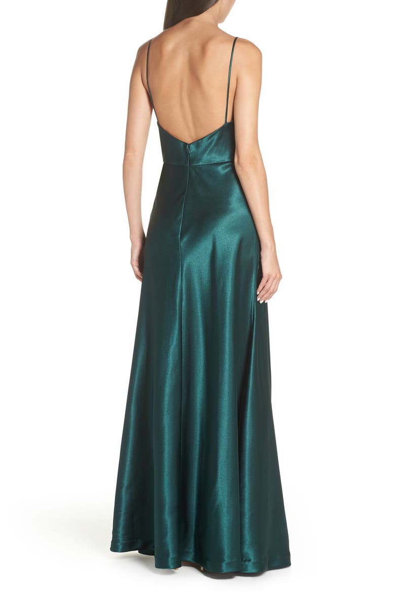 Dina V-Neck Satin Crepe Gown, Alternate, color, EMERALD