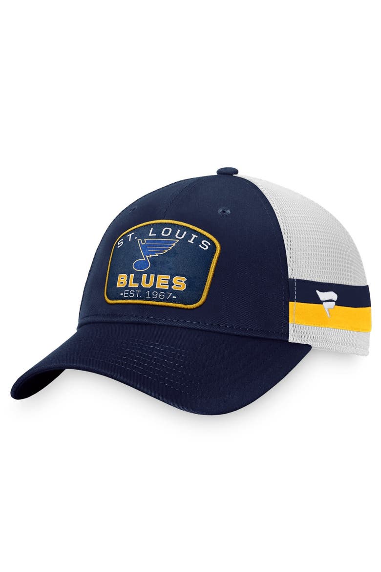 Men's Fanatics Branded Navy/White St. Louis Blues Fundamental Striped Trucker Adjustable Hat, Main, color, Navy