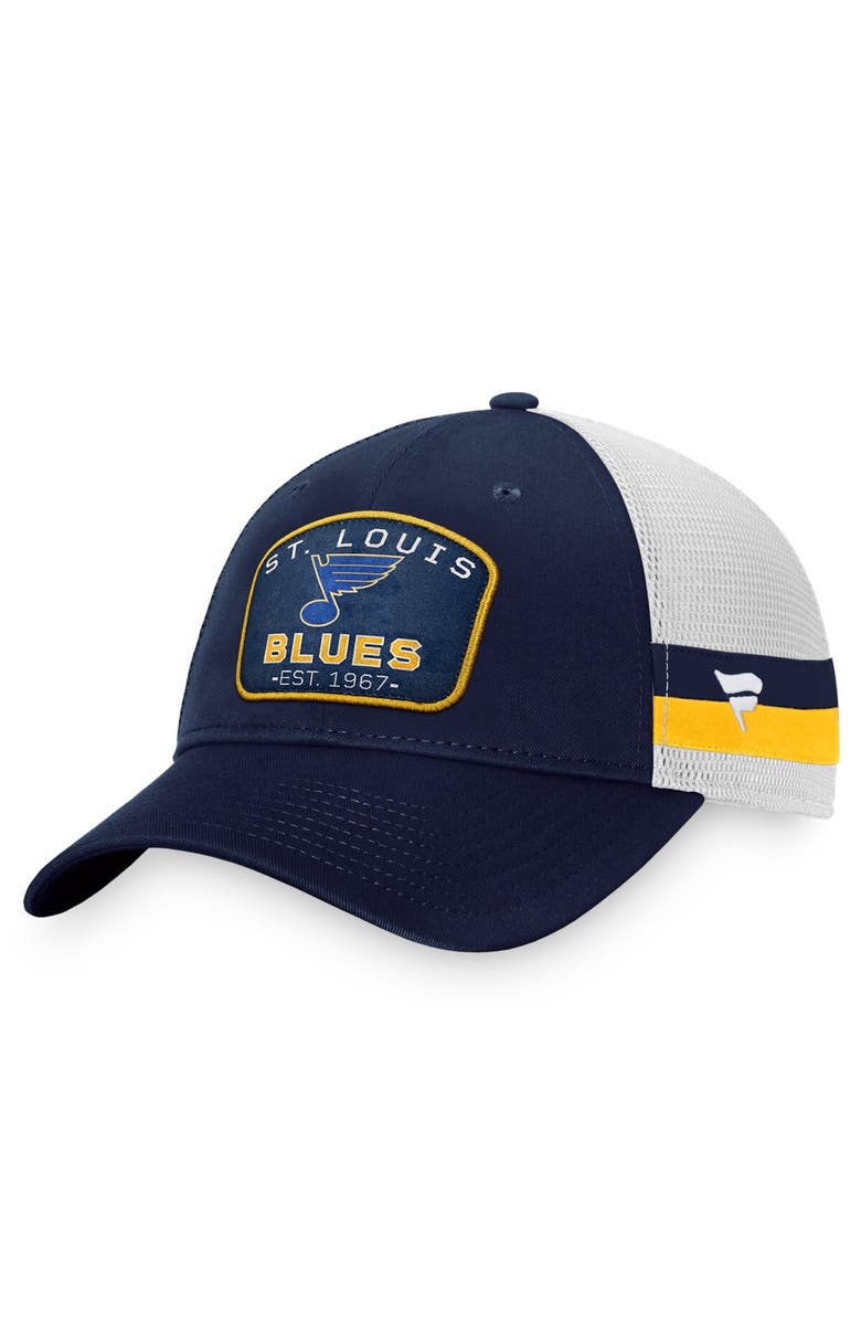 FANATICS Men's Fanatics Branded Navy/White St. Louis Blues Fundamental Striped Trucker Adjustable Hat, Main, color, 