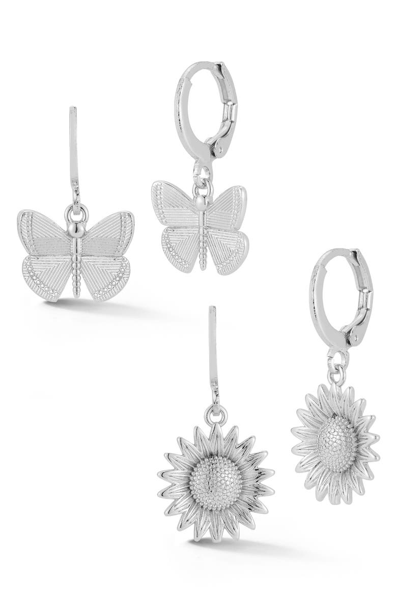 GLAZE JEWELRY Set of 2 Butterfly & Sunflower Drop Earrings, Main, color, Silver