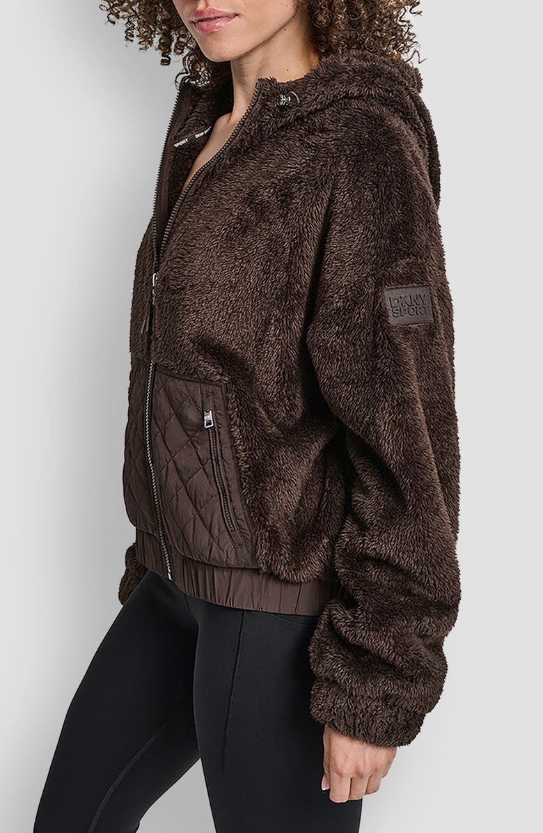 DKNY Faux Shearling & Diamond Quilted Hooded Jacket, Alternate, color, Espresso