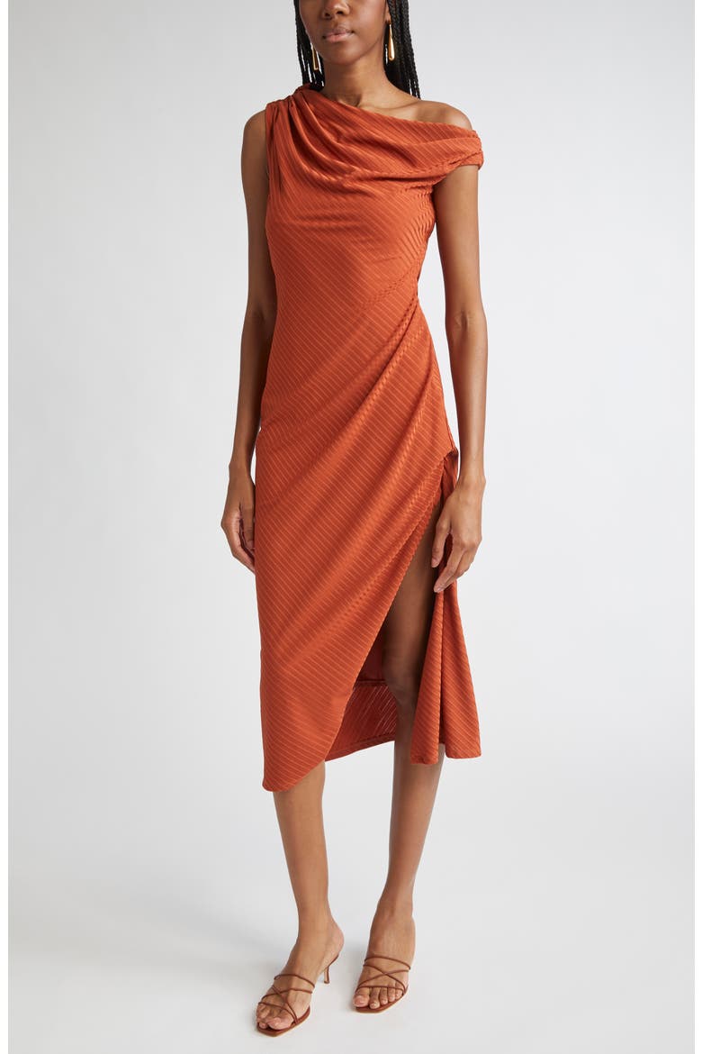 Benja Asymmetric Ruched Dress, Alternate, color, AMBER