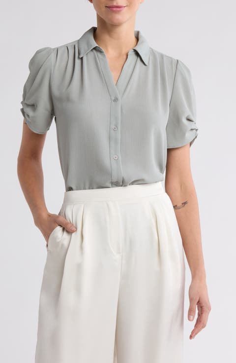 Puff Sleeve Button-Up Top (Regular & Plus)