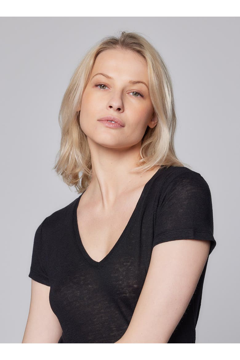 Stretch Linen Short Sleeve V-Neck T-Shirt, Alternate, color, NOIR