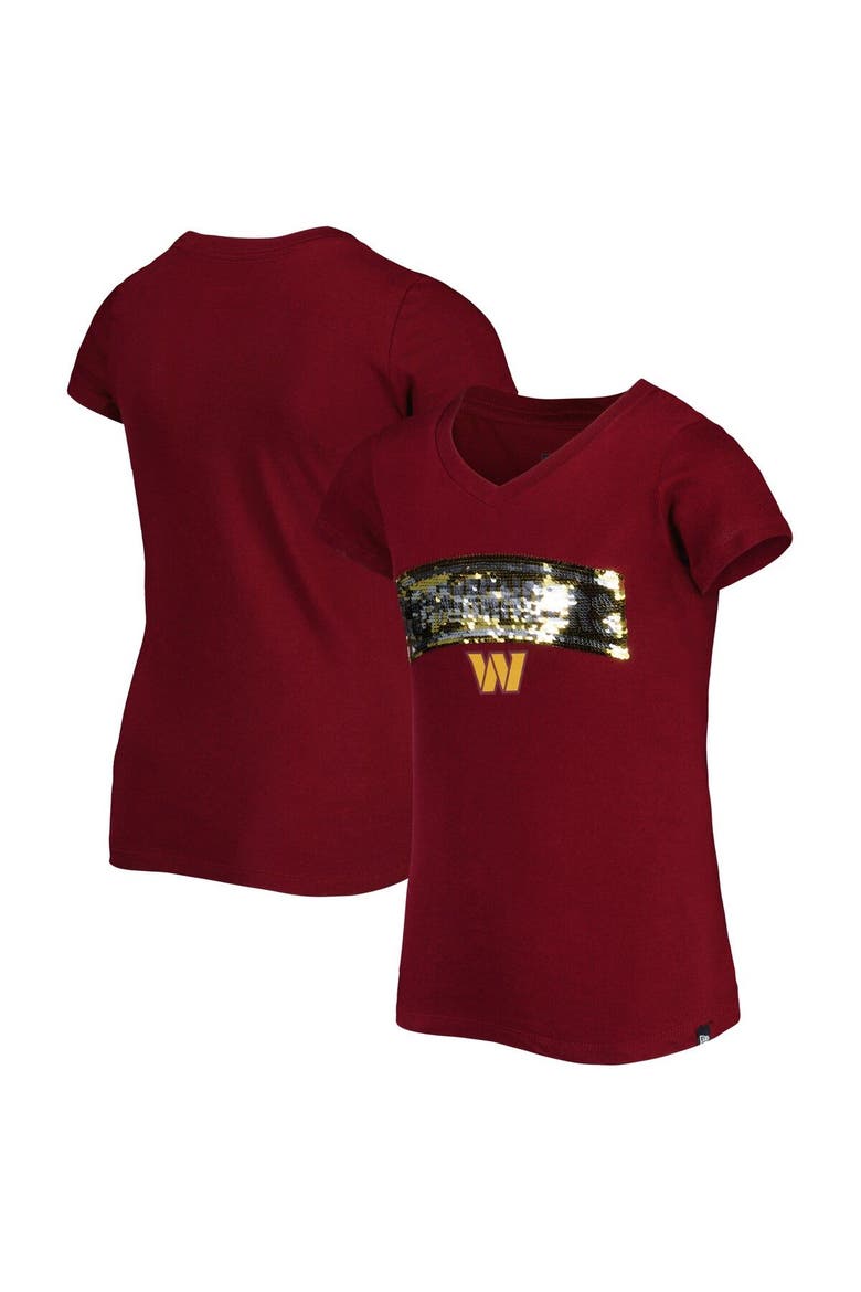 Girls Youth New Era Burgundy Washington Commanders Reverse Sequin Wordmark V-Neck T-Shirt, Main, color, Burgundy