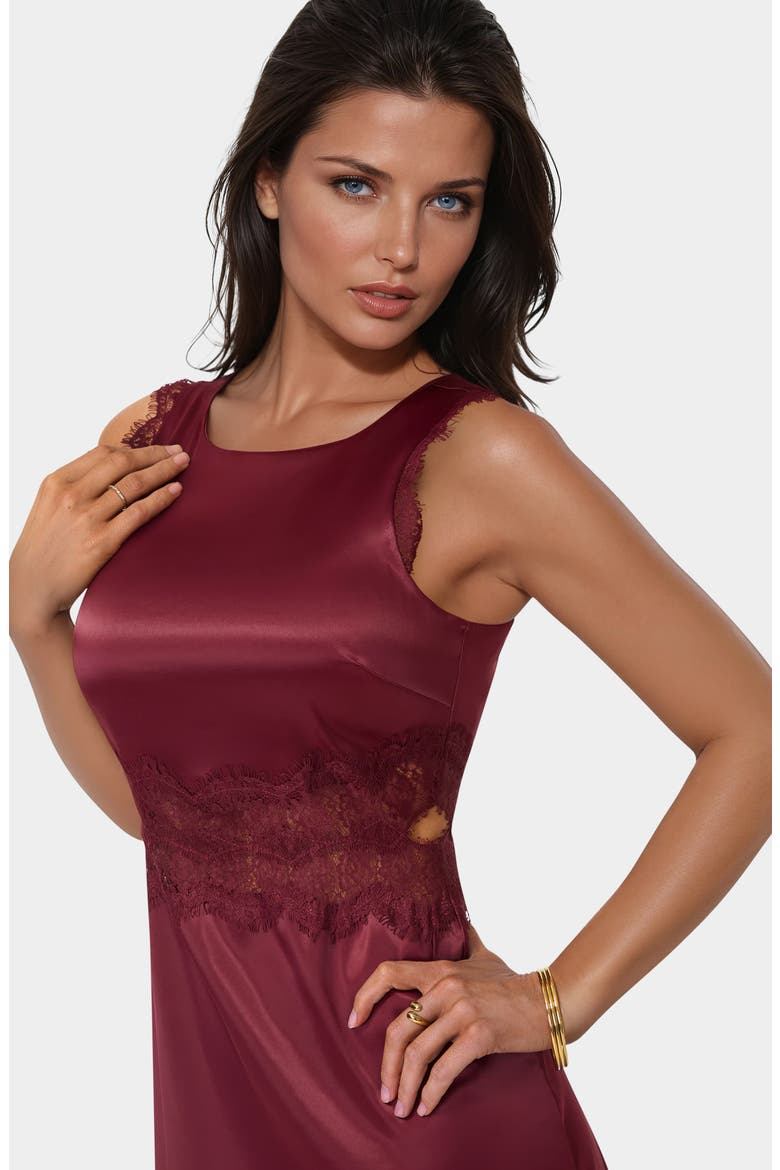 Lace Trim Satin Cocktail Dress, Alternate, color, WINE