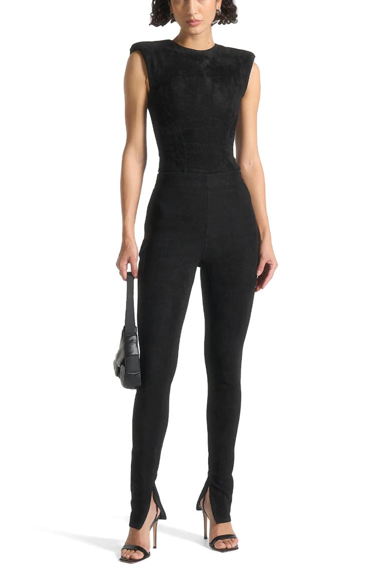 Wide Shoulder Suede Bodysuit, Main, color, Black