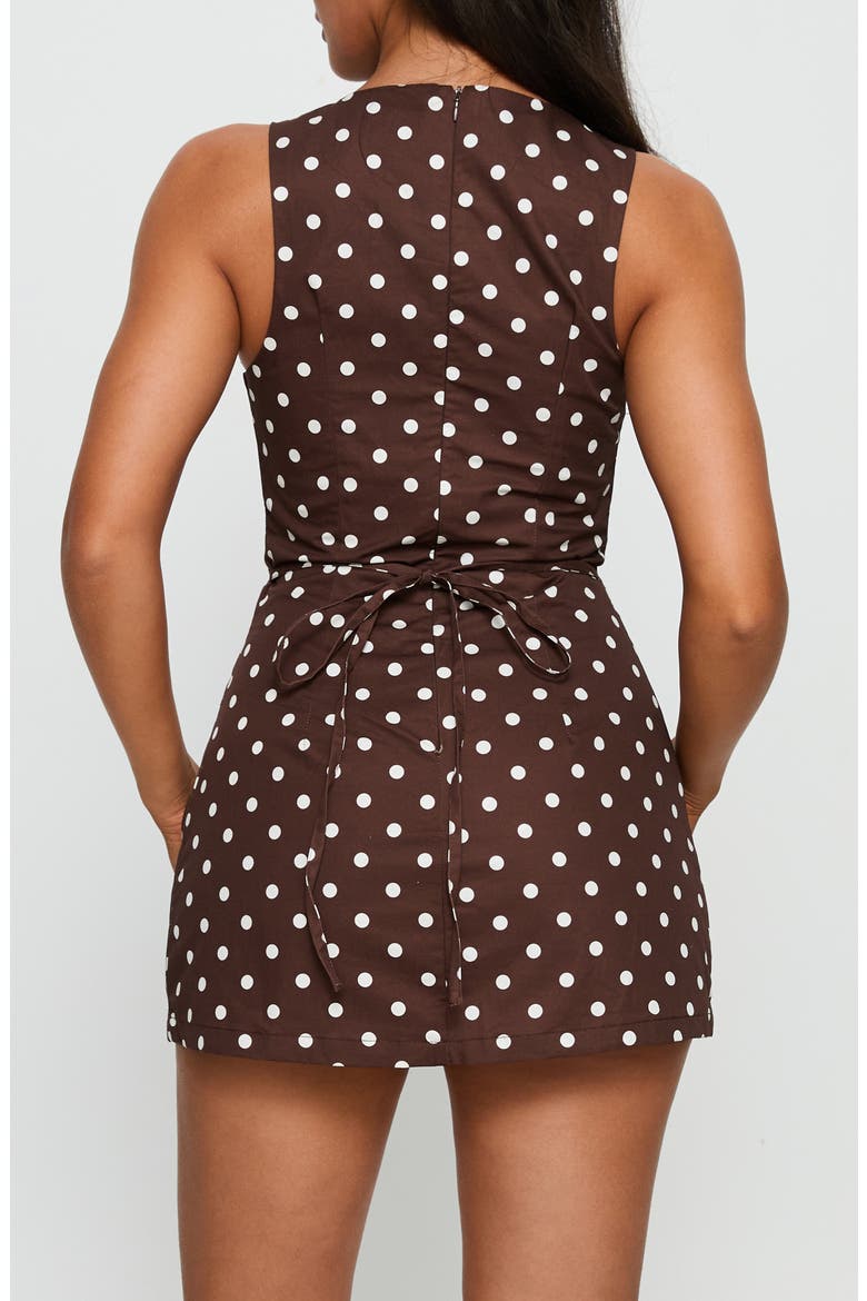 Yumiko Polka Dot Sleeveless Skirted Romper, Alternate, color, BROWN POLKA