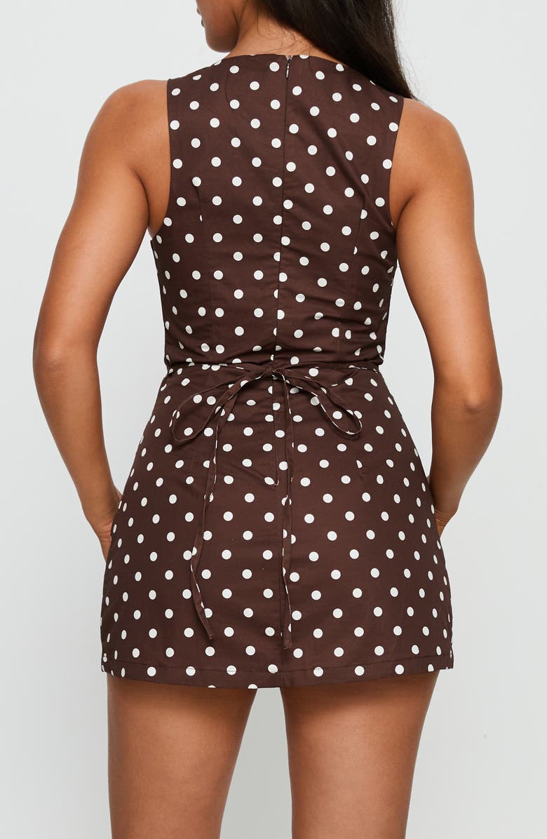 Princess Polly Yumiko Polka Dot Sleeveless Skirted Romper, Alternate, color, Brown Polka