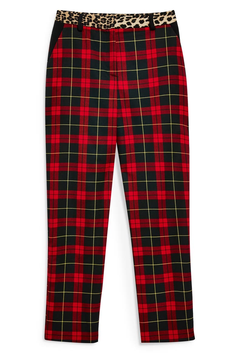 Leopard Trim Tartan Trousers, Alternate, color, RED MULTI