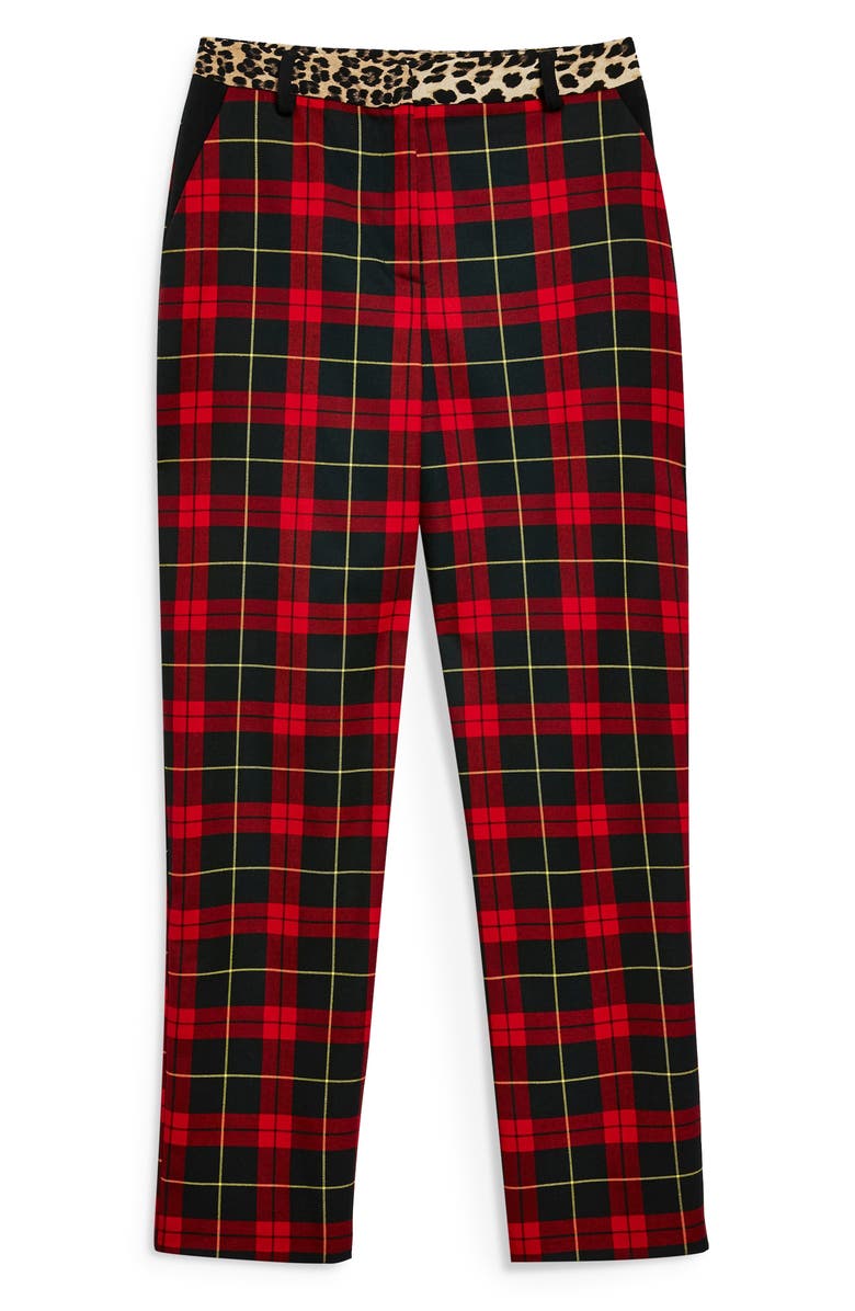 Topshop Leopard Trim Tartan Trousers, Alternate, color, 