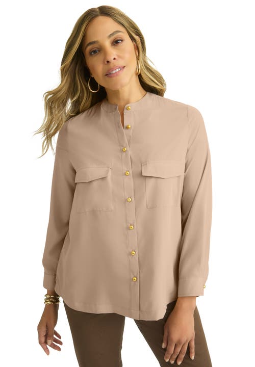 Jessica London Button-front Chest Pocket Blouse In Brown