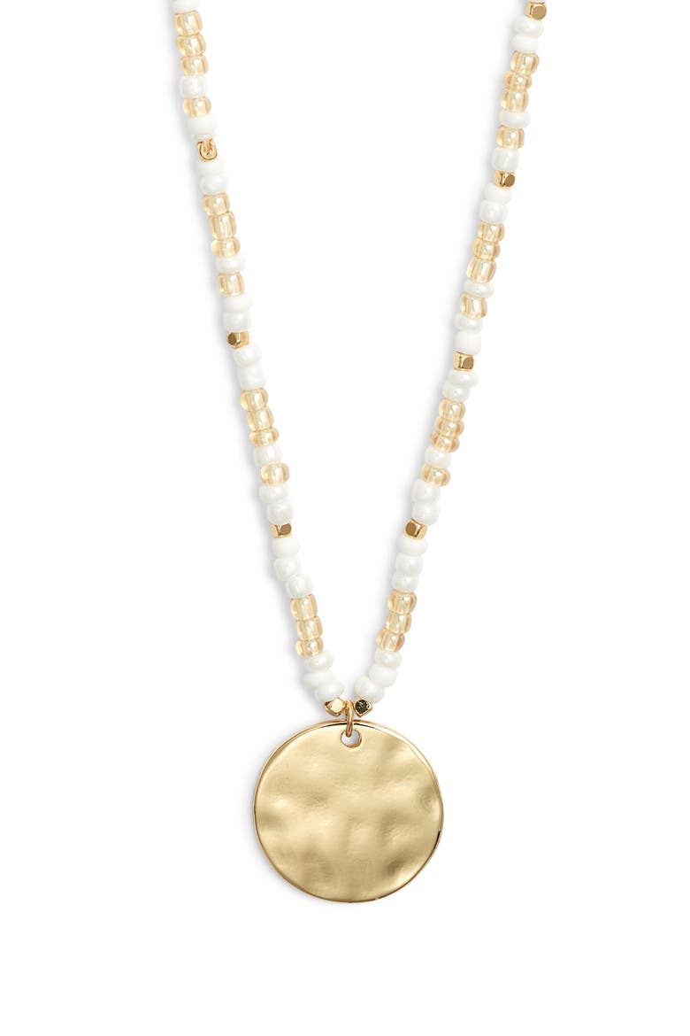 Hammered Coin Pendant Beaded Necklace, Main, color, IVORY- GOLD