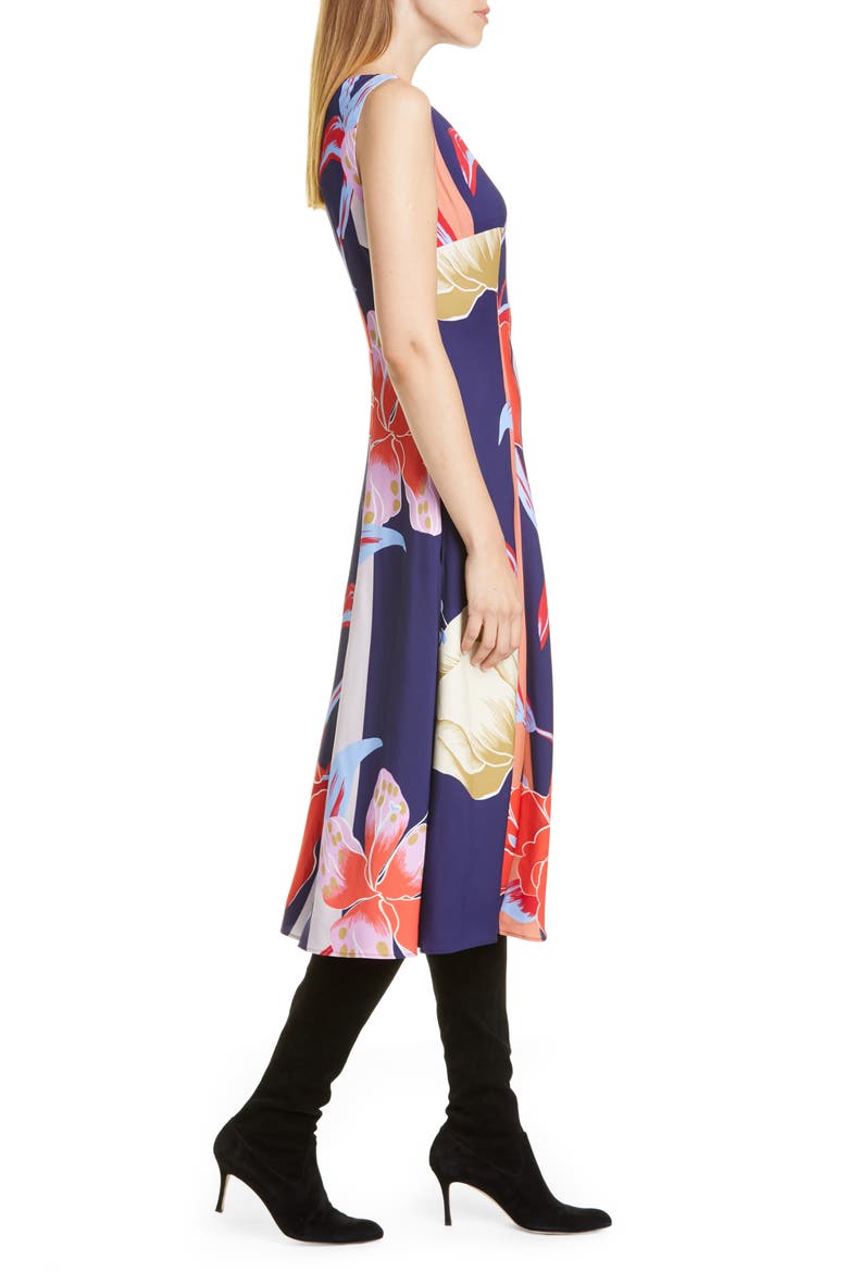 Large Lily Print Crepe Midi Dress, Alternate, color, NAVY