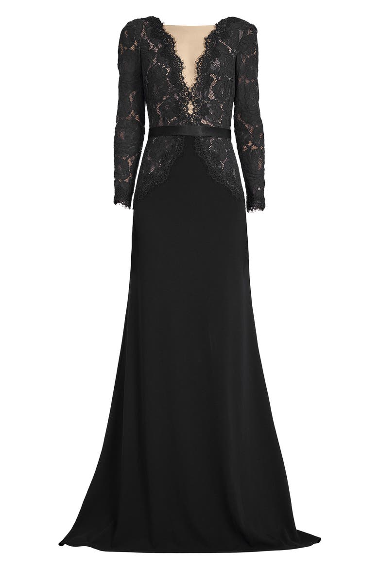Lace Long Sleeve Cotton Blend Gown, Alternate, color, BLACK/ NUDE