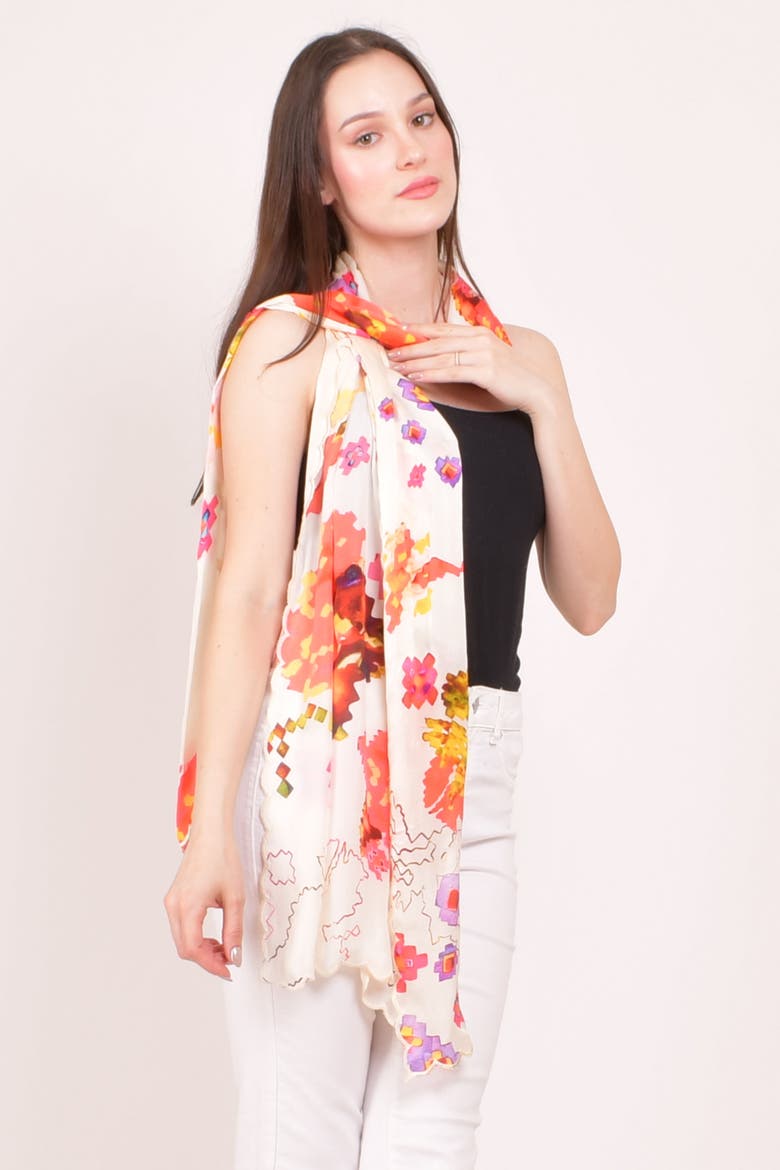 Printed Silk Scarf with Asymmetric Cutwork Border, Alternate, color, White
