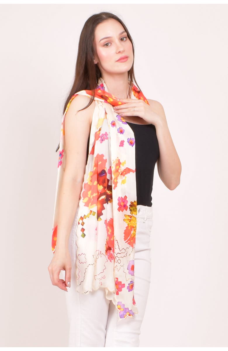 RAAS Printed Silk Scarf with Asymmetric Cutwork Border, Alternate, color, White