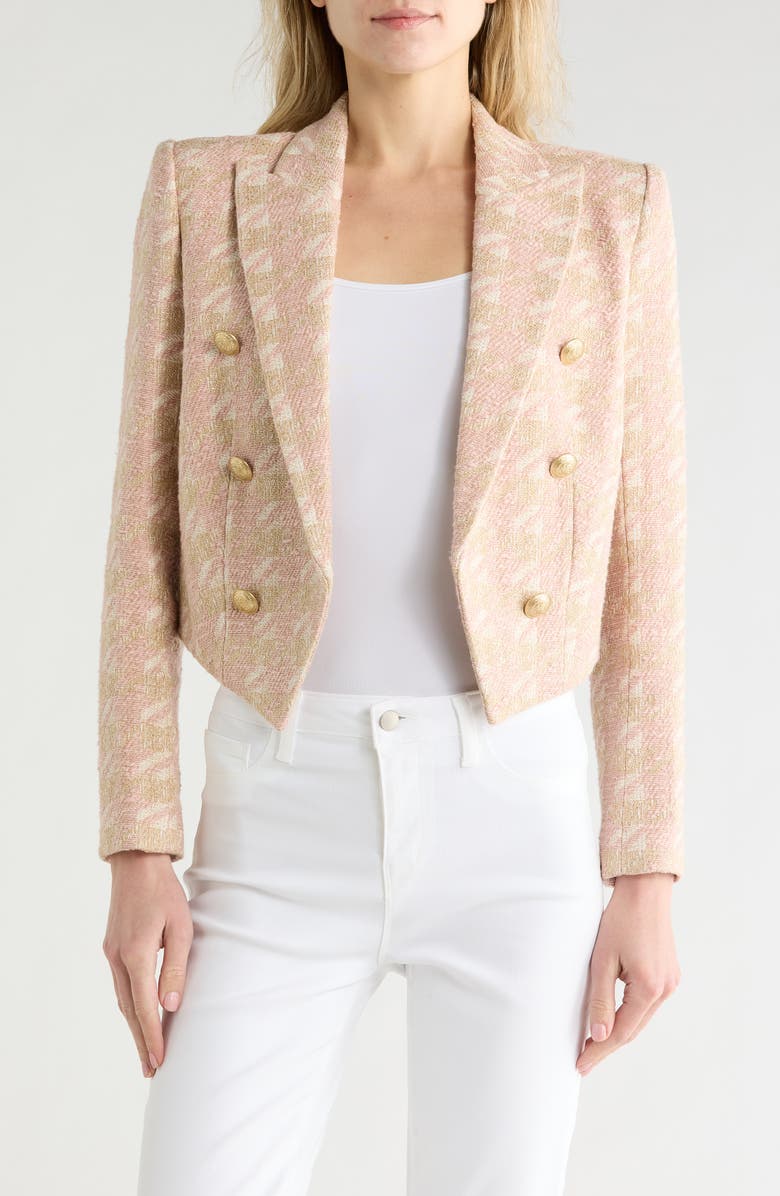 L'AGENCE Lila Houndstooth Boxy Crop Blazer, Main, color, Ecru/ Pink/ Gold Houndstooth
